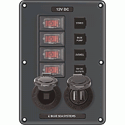 Blue Sea 4321 Circuit Breaker Switch Panel 4 Position - Gray with 12 Volt Socket & Dual USB