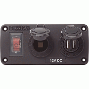 Blue Sea 4363 Water Resistant USB Accessory Panels - 15A Circuit Breaker, 12 Volt Socket, 2.1A Dual USB Charger