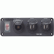 Blue Sea 4365 Water Resistant USB Accessory Panel - 15A Circuit Breaker, 12 Volt Socket, 2X 2.1A Dual USB Chargers